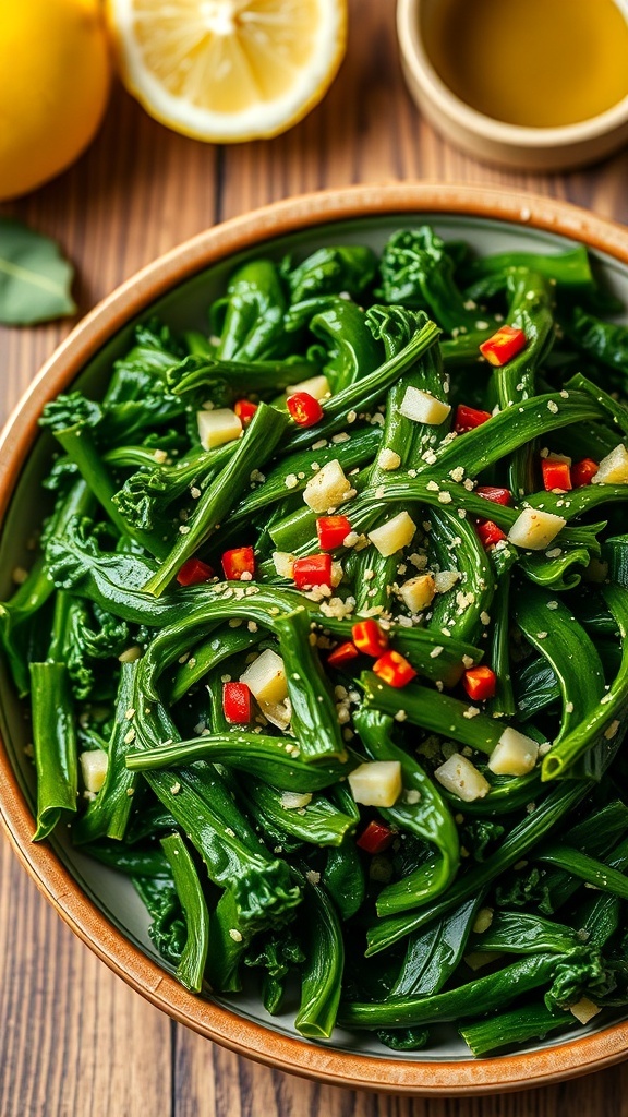 Sautéed garlic kale in a rustic bowl, garnished with red pepper flakes, on a wooden table with lemon and olive oil.